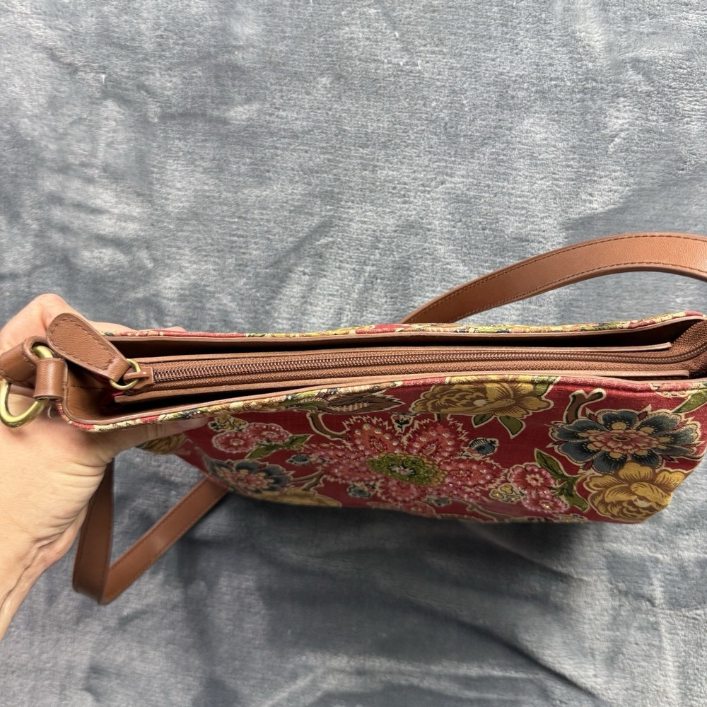 Floral Beaded Canvas Shoulder Bag Red Boho Tapestry Print Zip Top Purse - Picture 7 of 12